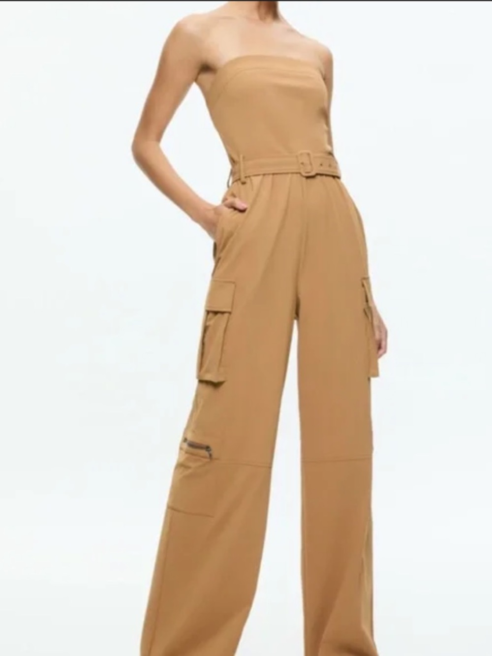 Alexis Strapless Cargo Jumpsuit Dress in Camel Brown